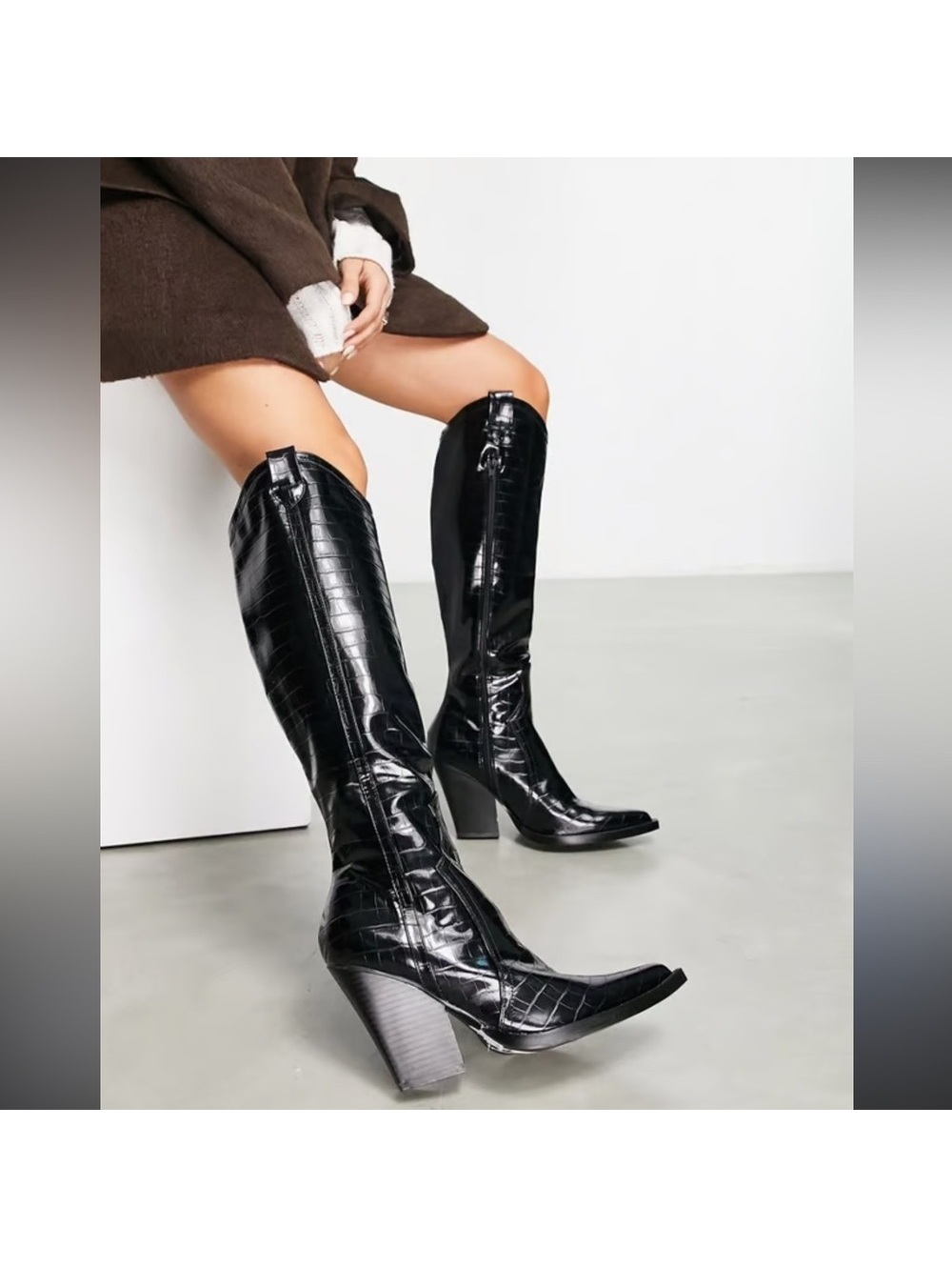 ASOS DESIGN Catapult Western Knee Boots – Black Croc, Size 8 Wide Calf